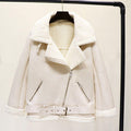 Thick And Warm Faux Leather Women's Aviator Jacket Beige/Black Long-Sleeved Belted Jacket 2021 Winter Fashion - Frimunt Clothing Co.