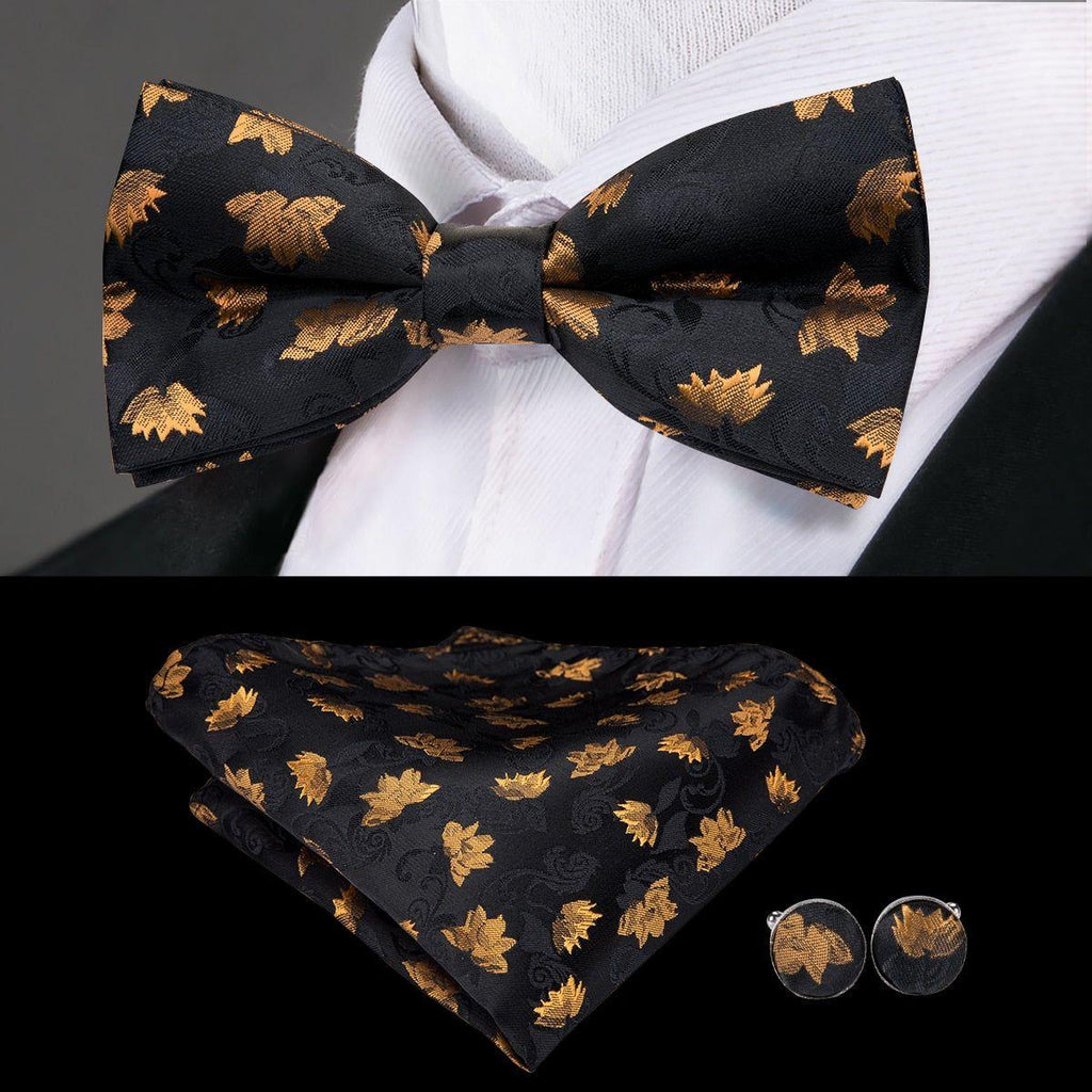 Hi-Tie Classic Black Bow Ties for Men 100% Silk Butterfly Pre-Tied Bow Tie Pocket Square Handkerchief - Frimunt Clothing Co.