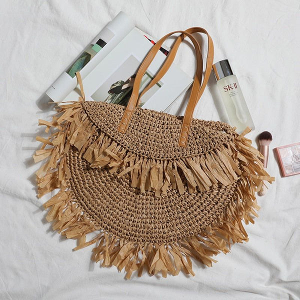 Summer Beach Simple Tassel Straw Shoulder Bag Woven Design Handbag Round Or Square Large Capacity Tote - Frimunt Clothing Co.