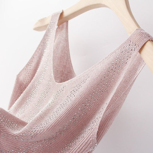 Bling Lurex Summer Knit Tank Top for Women Cami Sleeveless Crystals Top