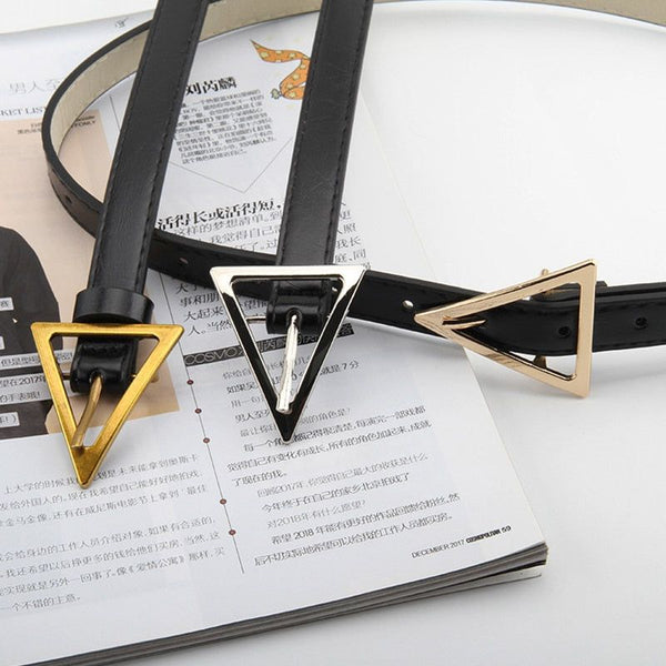 New Design Women Eco Leather Thin Belt Luxury Brand Triangle Buckle Silver Gold Bronze 100cm