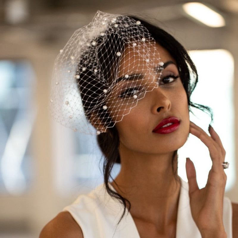 New Arrival White Net Bridal Head Dress Pearls Beaded - Frimunt Clothing Co.