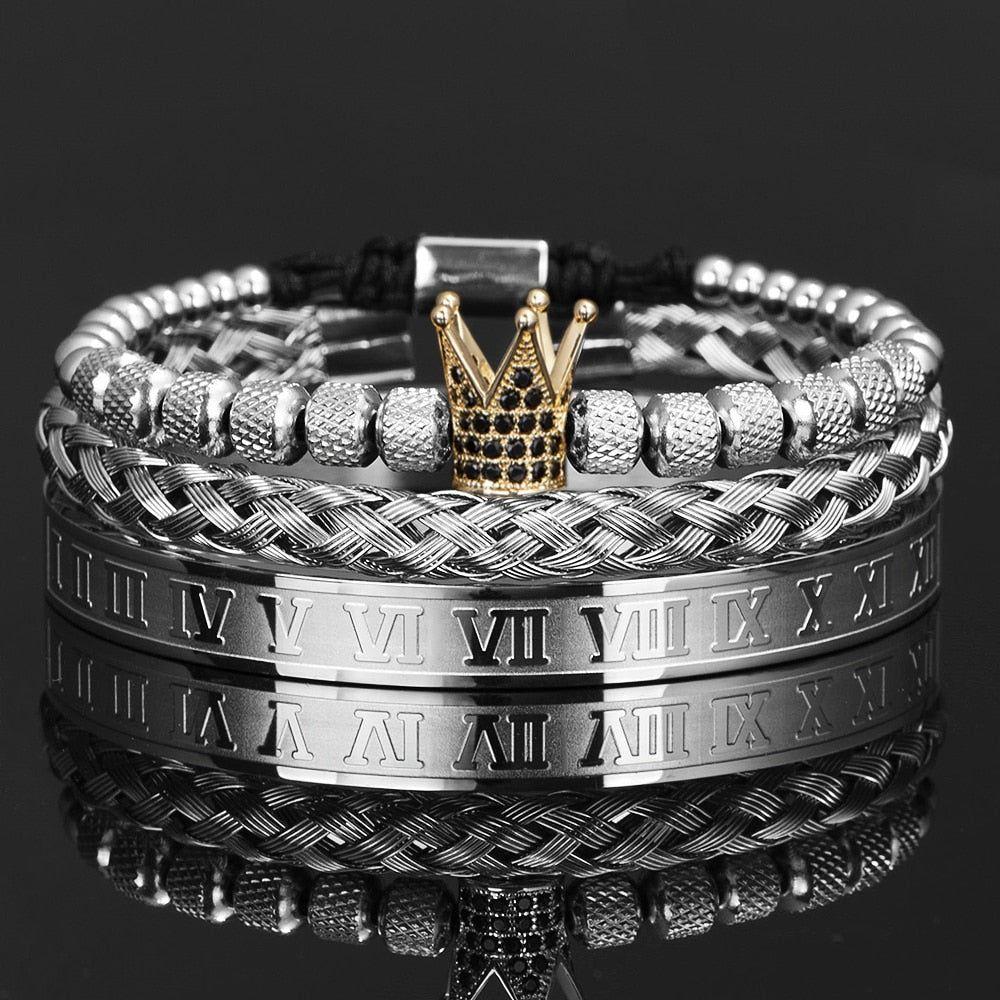 3 Piece Set Luxury Crown Handmade Men Enamel Roman Numeral Bangles Hemp Rope Stainless Steel Micro Pave CZ Luxury Jewelry - Frimunt Clothing Co.