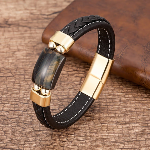 Charm Natural Tiger Eye Stone Bracelet For Men Geometric Shape Natural Stone Black Braided Leather Bracelets Gifts Bijoux Homme