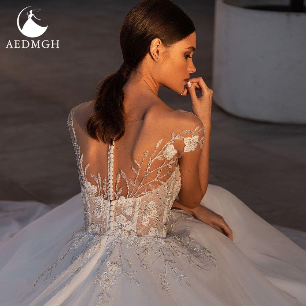 Dennise A-Line Wedding Dress Sweetheart Cap Sleeve Court Train Graceful Beading Appliques - Frimunt Clothing Co.