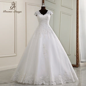 Louise Elegant Lace Appliques V neck Cap Sleeve Wedding Dress - Frimunt Clothing Co.