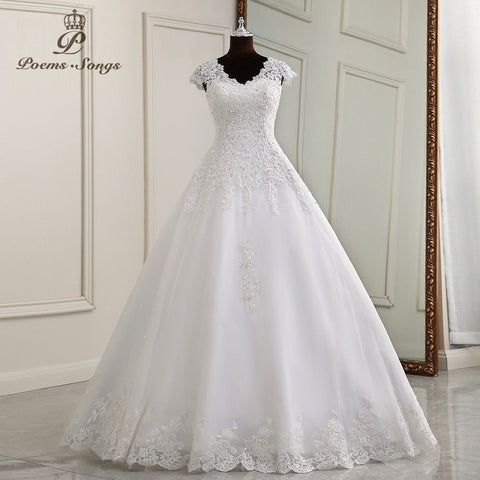 Louise Elegant Lace Appliques V neck Cap Sleeve Wedding Dress - Frimunt Clothing Co.