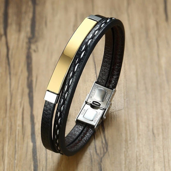 Trendy Men's Leather Weave Bracelet 3 Colors Contrast Stainless Steel Bangle