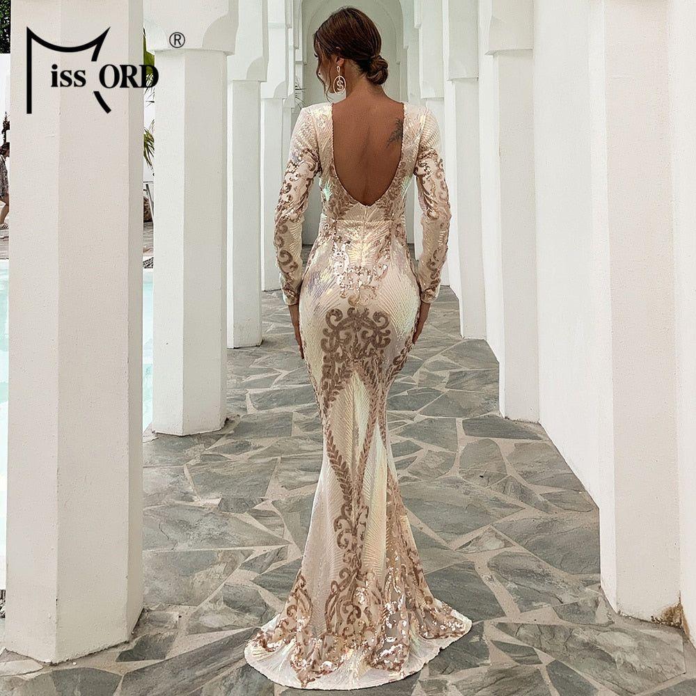 Women Sexy O Neck Backless Sequin Long Wedding Dresses Bodycon Evening Party Dress Gold - Frimunt Clothing Co.