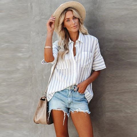 Women's Striped Short Sleeves Shirt Loose Style - Light Blue/Black/Blue - Frimunt Clothing Co.