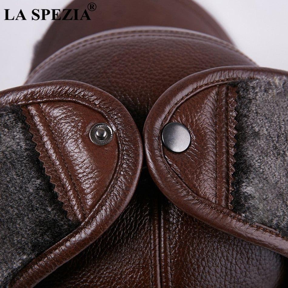 LA SPEZIA Winter Bomber Hat Men Russian Genuine Cow Leather Ushanka Cap With Ear Flaps Warm Fur Lining - Frimunt Clothing Co.