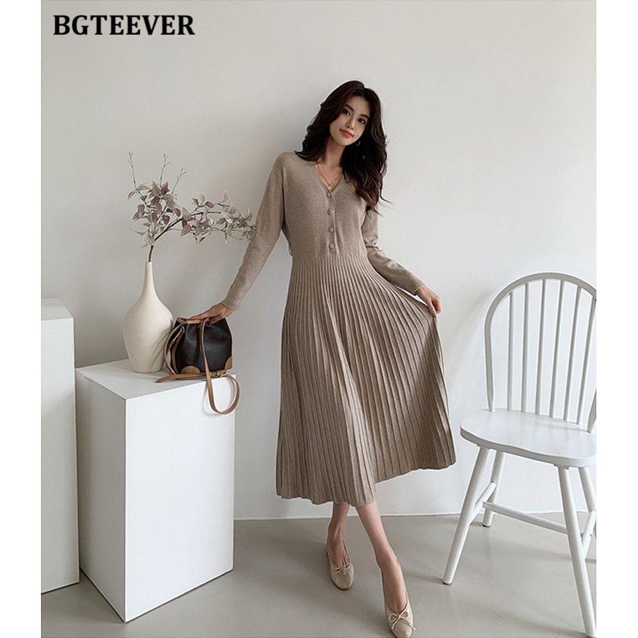 Elegant V-Neck Autumn Winter Knitted Belted Pleated Women's Long Dress - Frimunt Clothing Co.