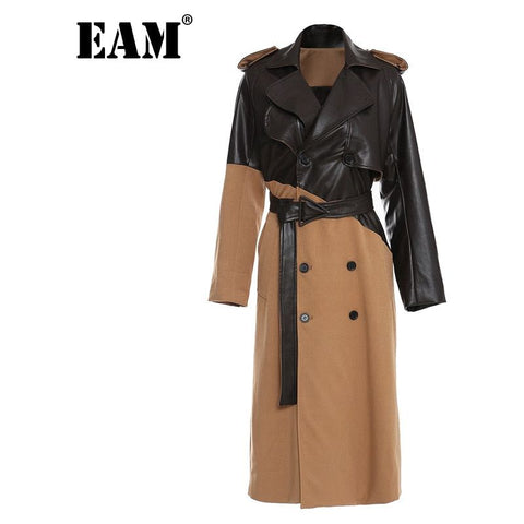 Women's Khaki Eco Leather Long Trench Coat New Lapel Long Sleeve Loose Fit
