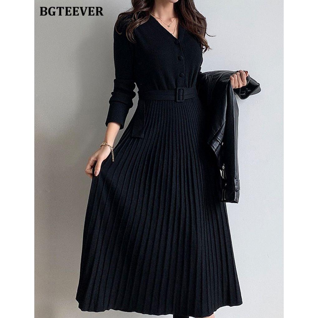 Elegant V-Neck Autumn Winter Knitted Belted Pleated Women's Long Dress - Frimunt Clothing Co.