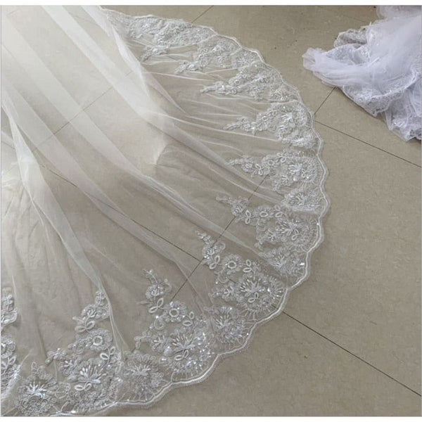 Luxury White Ivory Cathedral Wedding Veils Long Sequins Embroidered Lace Edge With Comb - Frimunt Clothing Co.