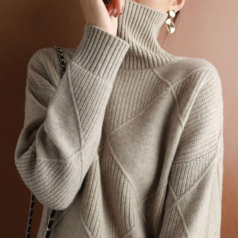 Women's Turtleneck Sweater 100% Wool Knit Pullover Large Sizes Black Beige Auburn Yellow - Frimunt Clothing Co.