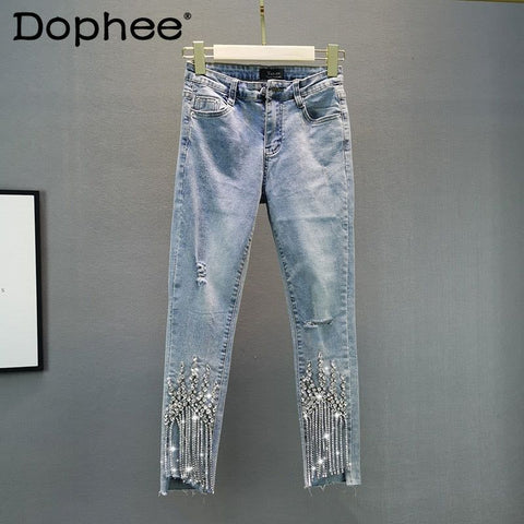 Trendy Women's Summer Thin Cropped Stretch Slim Fit Jeans With Rhinestone Embroidery And Tassels High Waist Denim Pants