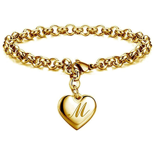 Initial Charm Gold-Color Bracelets Stainless Steel Heart 26 Letters Alphabet Bracelet for Women Girls Gifts