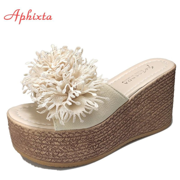 Women's New Wedge Heels Platform Slides 2 Styles With Or Without Flowers Appliques