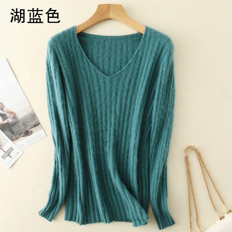 Super Warm 100% Mink Cashmere Women Sweaters Winter High Elasticity Soft Tops V-neck Casual Basics - Frimunt Clothing Co.