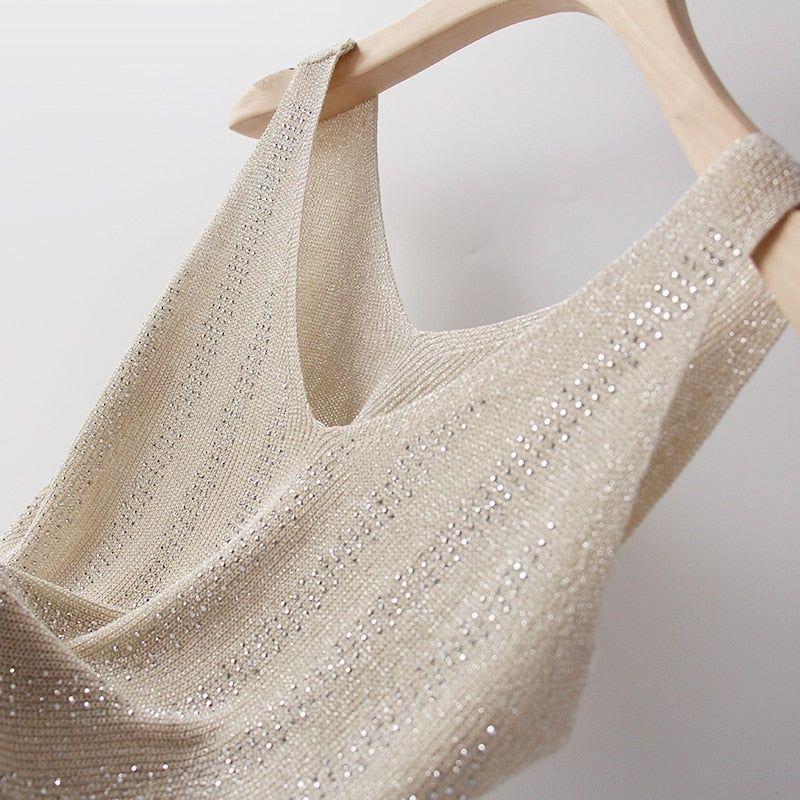 Bling Lurex Summer Knit Tank Top for Women Cami Sleeveless Crystals Top - Frimunt Clothing Co.