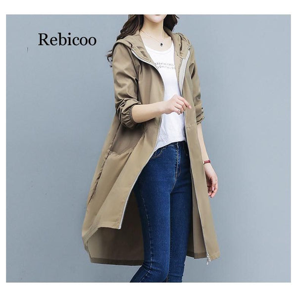 Spring Autumn Women's Hooded Trench Coat Long Loose Zippered