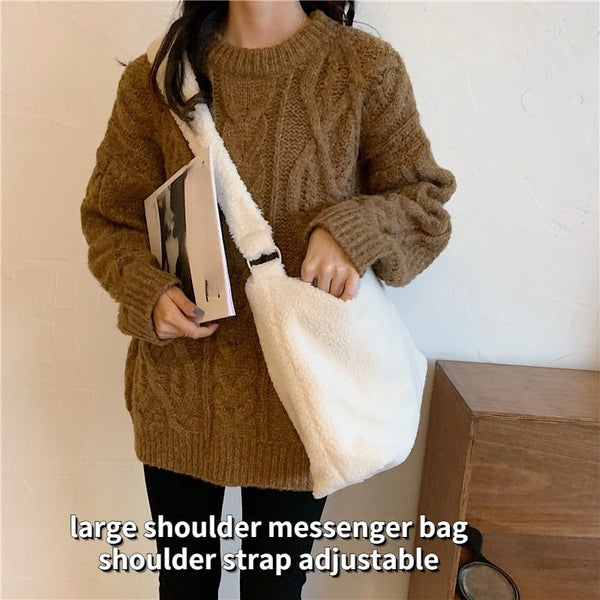Winter Lamb Faux Fur Women's Shoulder Bag Solid Color Soft Fluffy Plush Large Capacity Tote