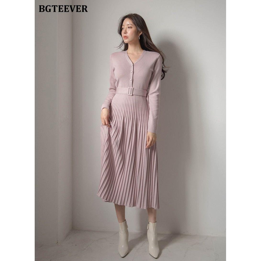 Elegant V-Neck Autumn Winter Knitted Belted Pleated Women's Long Dress - Frimunt Clothing Co.