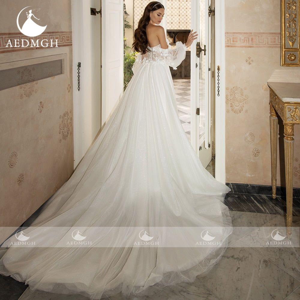 Aisling Strapless Puff Sleeve Romantic Bridal Gown Appliques 3D Flowers Backless A-Line  Court Train - Frimunt Clothing Co.