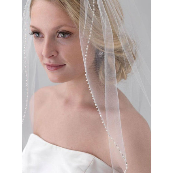 White Ivory Cathedral Crystal Wedding Veil Custom Length 1 Tier With Metal Comb - Frimunt Clothing Co.