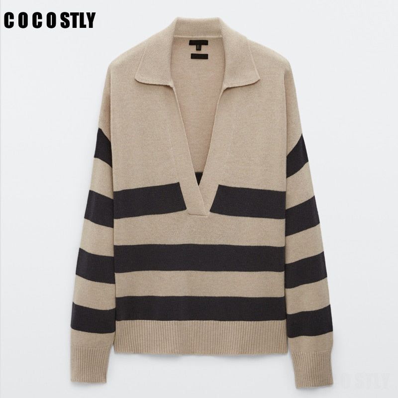 Za 2021 Women's Striped V Neck Wool Women Sweaters Polo Long Sleeve Oversized Wool Pullovers - Frimunt Clothing Co.