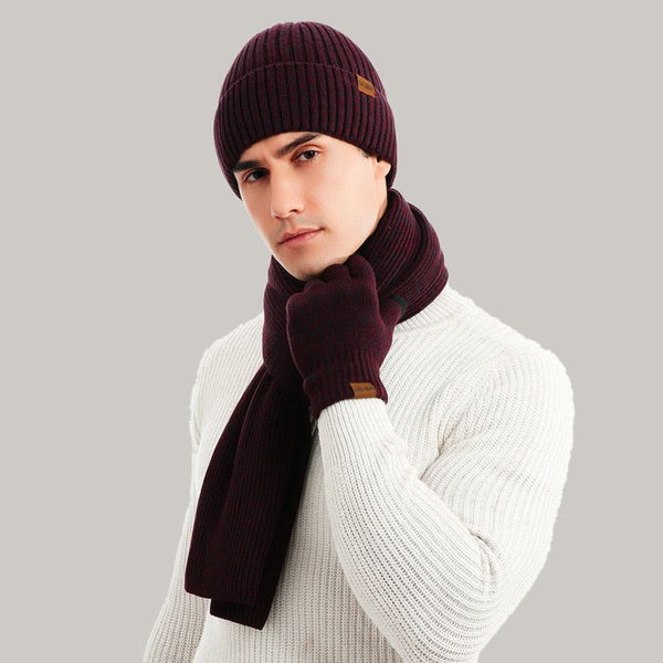 Autumn Winter Men's Knitted Thick Wool Hat, Scarf & Gloves 3-Piece Set - Frimunt Clothing Co.
