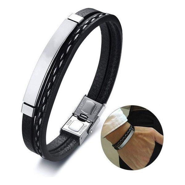 Trendy Men's Leather Weave Bracelet 3 Colors Contrast Stainless Steel Bangle - Frimunt Clothing Co.
