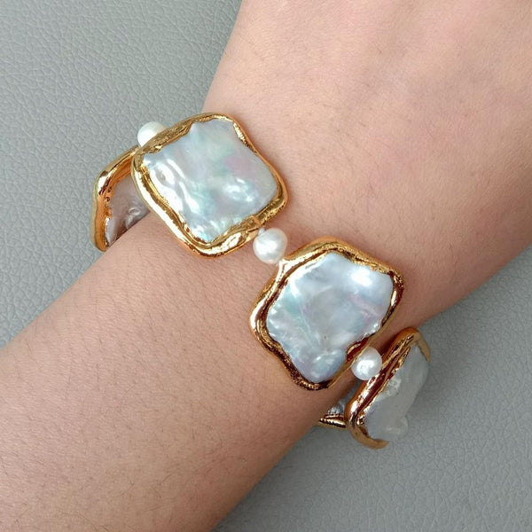 Women's Geometric White Square Natural Keshi Pearl Gold Color Plated Bracelet Handmade Bracelet - Frimunt Clothing Co.
