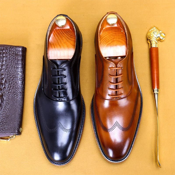 Men's Leather Shoes High Quality Italian Handmade Wingtip Dress Shoes Brogues Oxfords - Frimunt Clothing Co.
