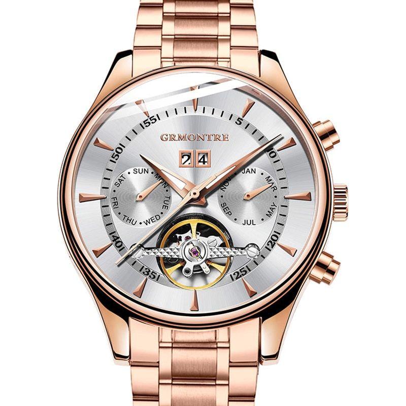 Men's Skeleton Tourbillon Mechanical Watch Automatic Classic Rose Gold Leather Band Wrist Watch - Frimunt Clothing Co.