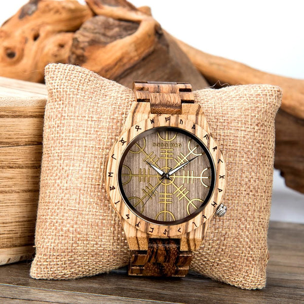 BOBO BIRD Wood Norse Rune Compass Men's Watches Luxury Wooden Strap Bamboo Gift Box