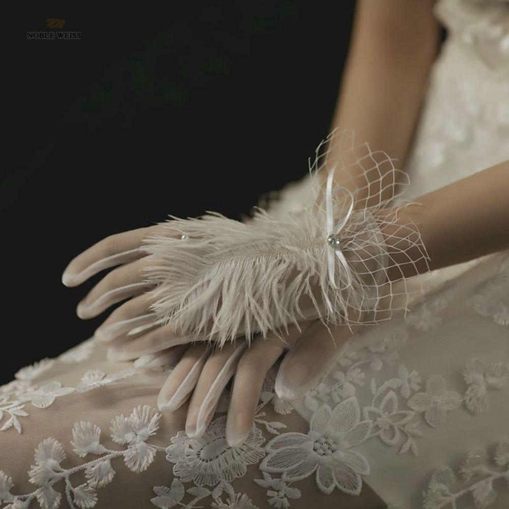 Art Deco Vintage Style Bridal Short Gloves Full Finger See Through Feather Wrist Length - Frimunt Clothing Co.