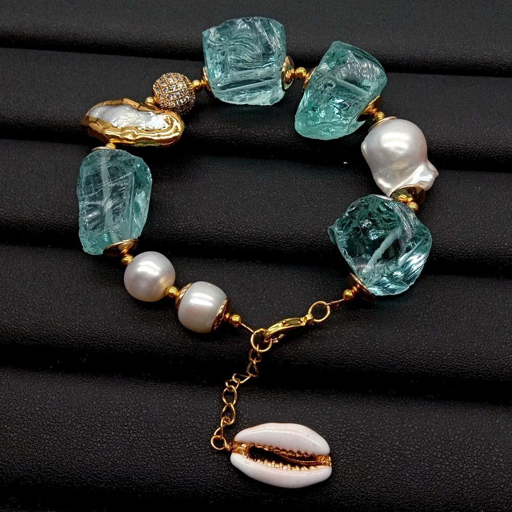 Women's Cultured White Keshi & Biwa Pearls Gold Plated Blue Sea Glass Rhinestones Handmade  Bracelet Chic Fashion Jewelry - Frimunt Clothing Co.