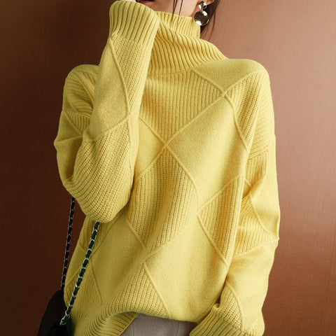 Women's Turtleneck Sweater 100% Wool Knit Pullover Large Sizes Black Beige Auburn Yellow - Frimunt Clothing Co.