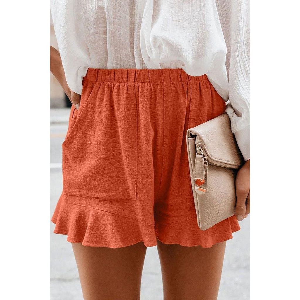 Women Shorts 2022 Summer High Waist Elastic Pockets Ruffles Straight Casual Thin Mini Shorts S-5XL - Frimunt Clothing Co.