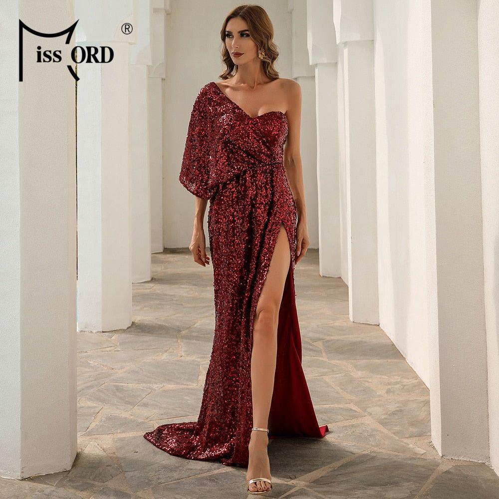 Missord Sexy One Shoulder Sequin Evening Party Dress Floor Length Maxi Dress Solid Color High Split Backless Women Dress M0843 - Frimunt Clothing Co.