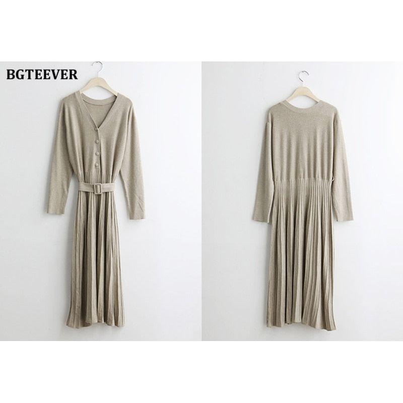 Elegant V-Neck Autumn Winter Knitted Belted Pleated Women's Long Dress - Frimunt Clothing Co.
