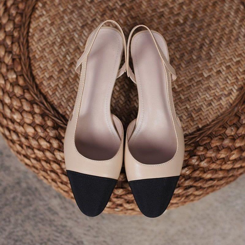 Women Luxury Brand Designer Inspired Low Mid Heels Natural Genuine Leather Slingback Beige Nude Pumps - Frimunt Clothing Co.