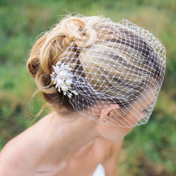 Bridal Birdcage Veil With Comb Pearls And Flowers - Frimunt Clothing Co.
