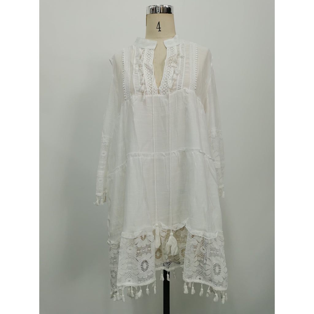 Women's Cotton Boho V-neck Lace Tassel Summer Mini Dress - Frimunt Clothing Co.