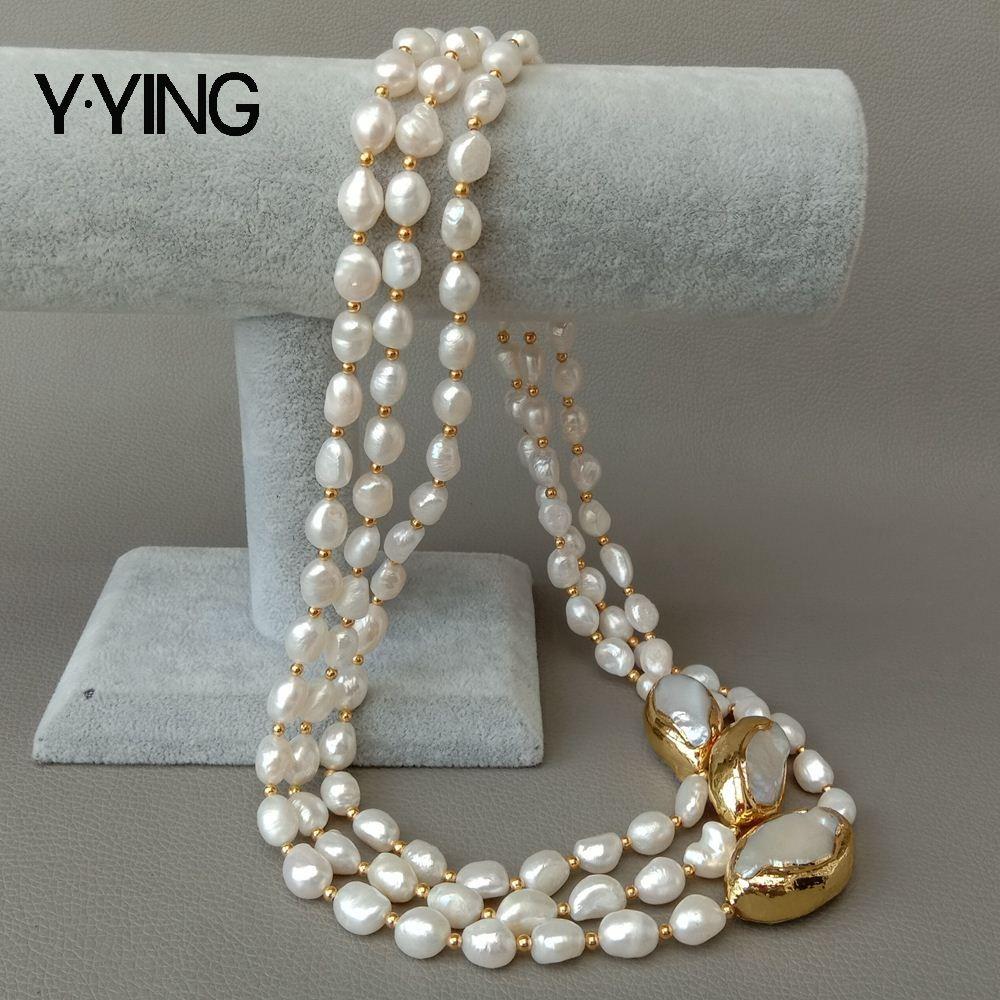 Women's 3 rows Cultured Baroque Pearls Necklace Keshi Pearl Gold Plated Clasp Classic Elegant Fashion Jewelry - Frimunt Clothing Co.