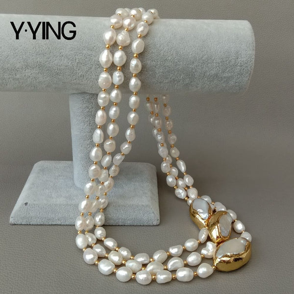 Women's 3 rows Cultured Baroque Pearls Necklace Keshi Pearl Gold Plated Clasp Classic Elegant Fashion Jewelry - Frimunt Clothing Co.