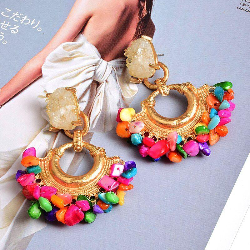Bohemian Natural Stone Colorful Dangle Metal Drop Earrings Women's Statement Jewelry - Frimunt Clothing Co.