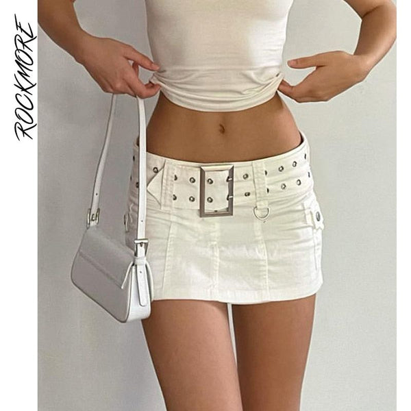 Rockmore Women's Jeans Mini Short Skirt With Belt Low Waist